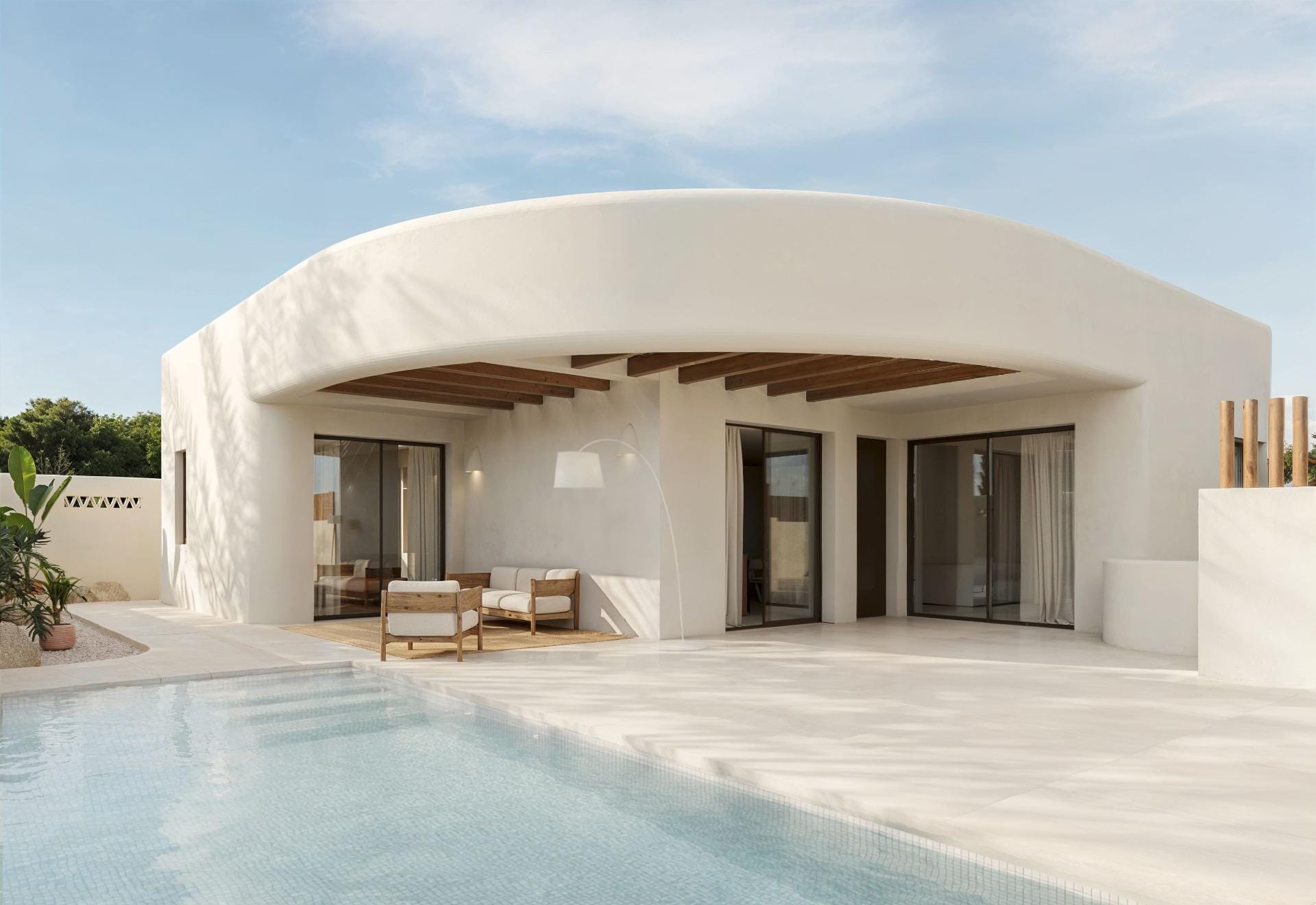 New Build Villas in La Finca Golf Rendering of the curved villa façade beside the private pool in La Finca Golf, Algorfa, Alicante