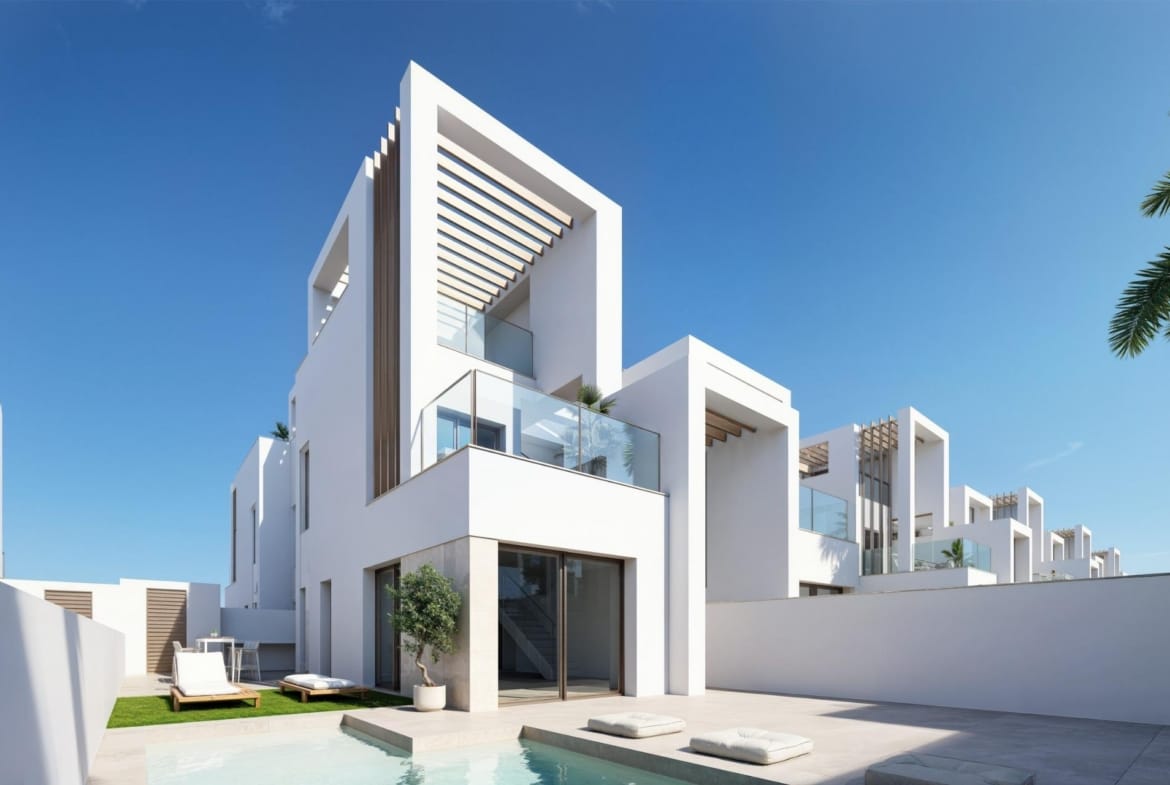 Rendering of the quad homes with terraces and private plots in Serena Golf, Los Alcazares, Murcia