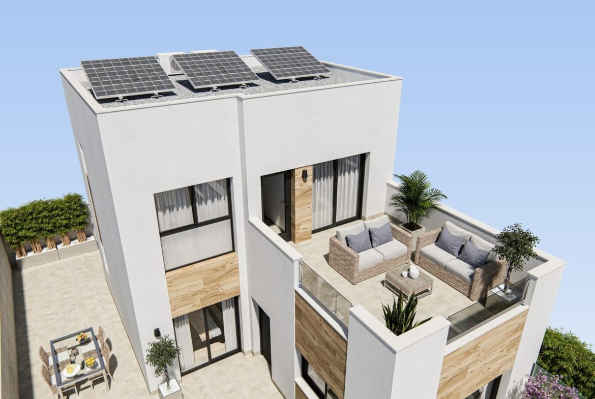 Villa with rooftop solar panels and upper terrace in Oasis La Marina, San Fulgencio, Alicante