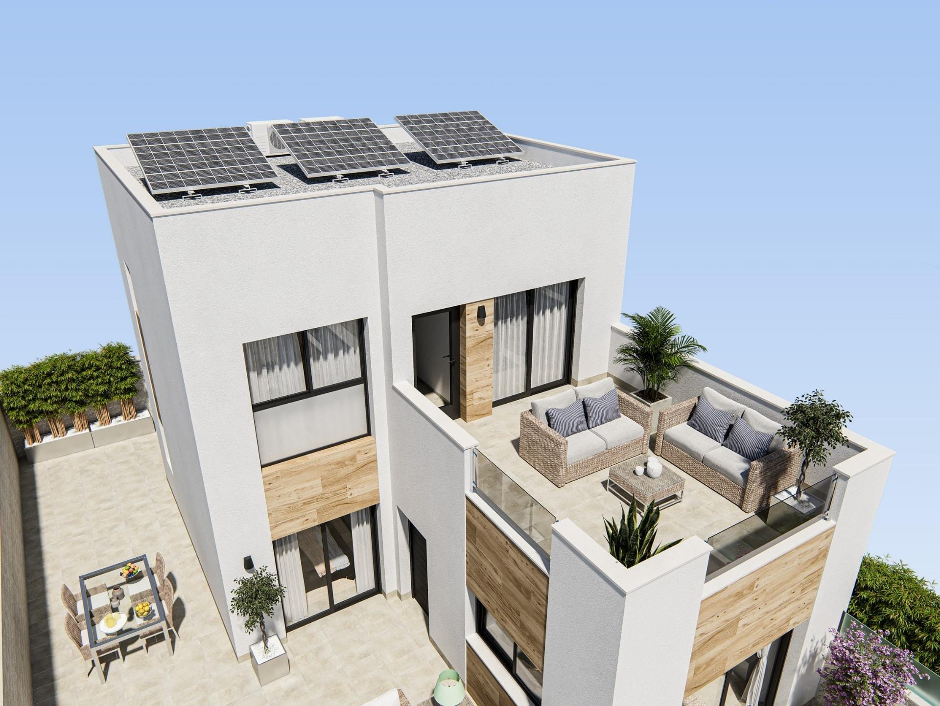 Villa with rooftop solar panels and upper terrace in Oasis La Marina, San Fulgencio, Alicante