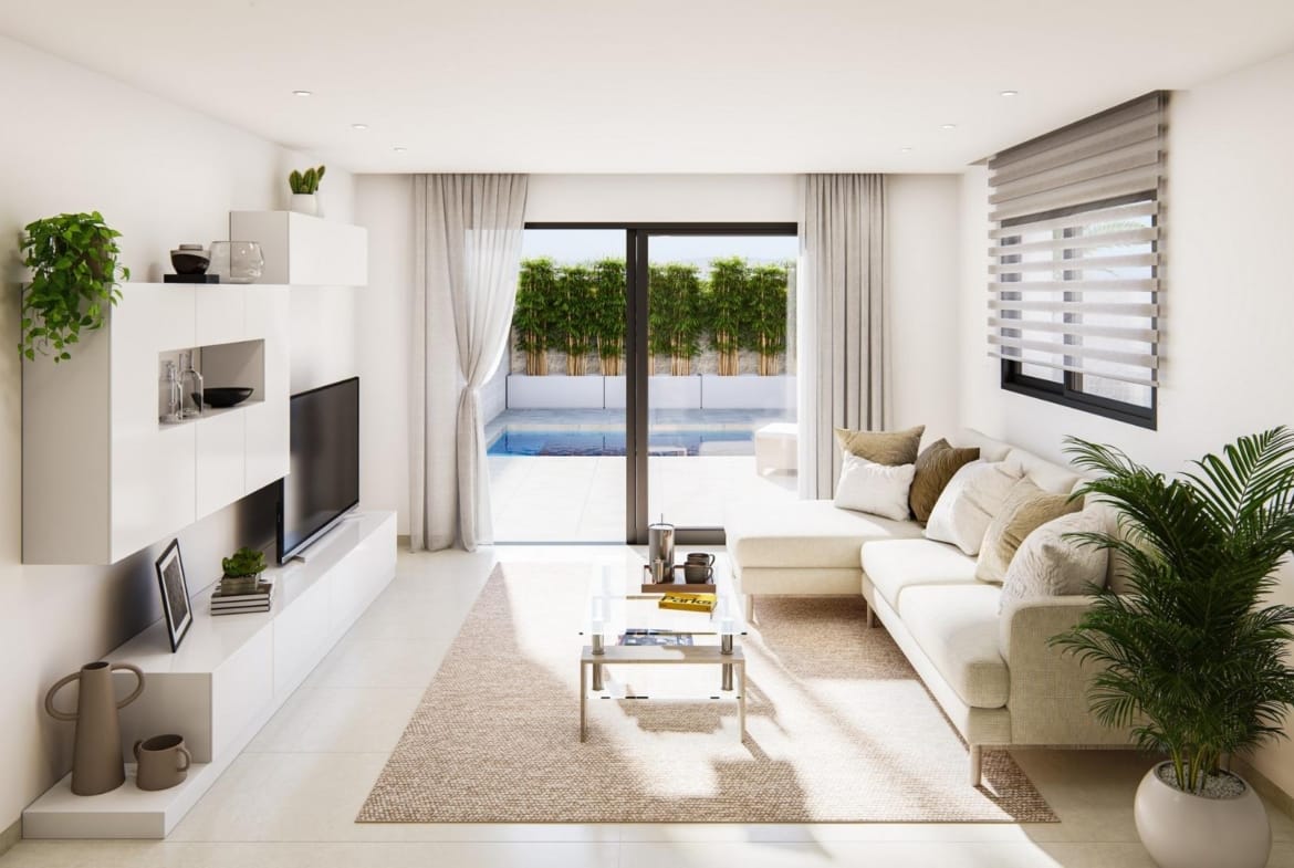 Living room opening towards the private pool in Oasis La Marina, San Fulgencio, Alicante