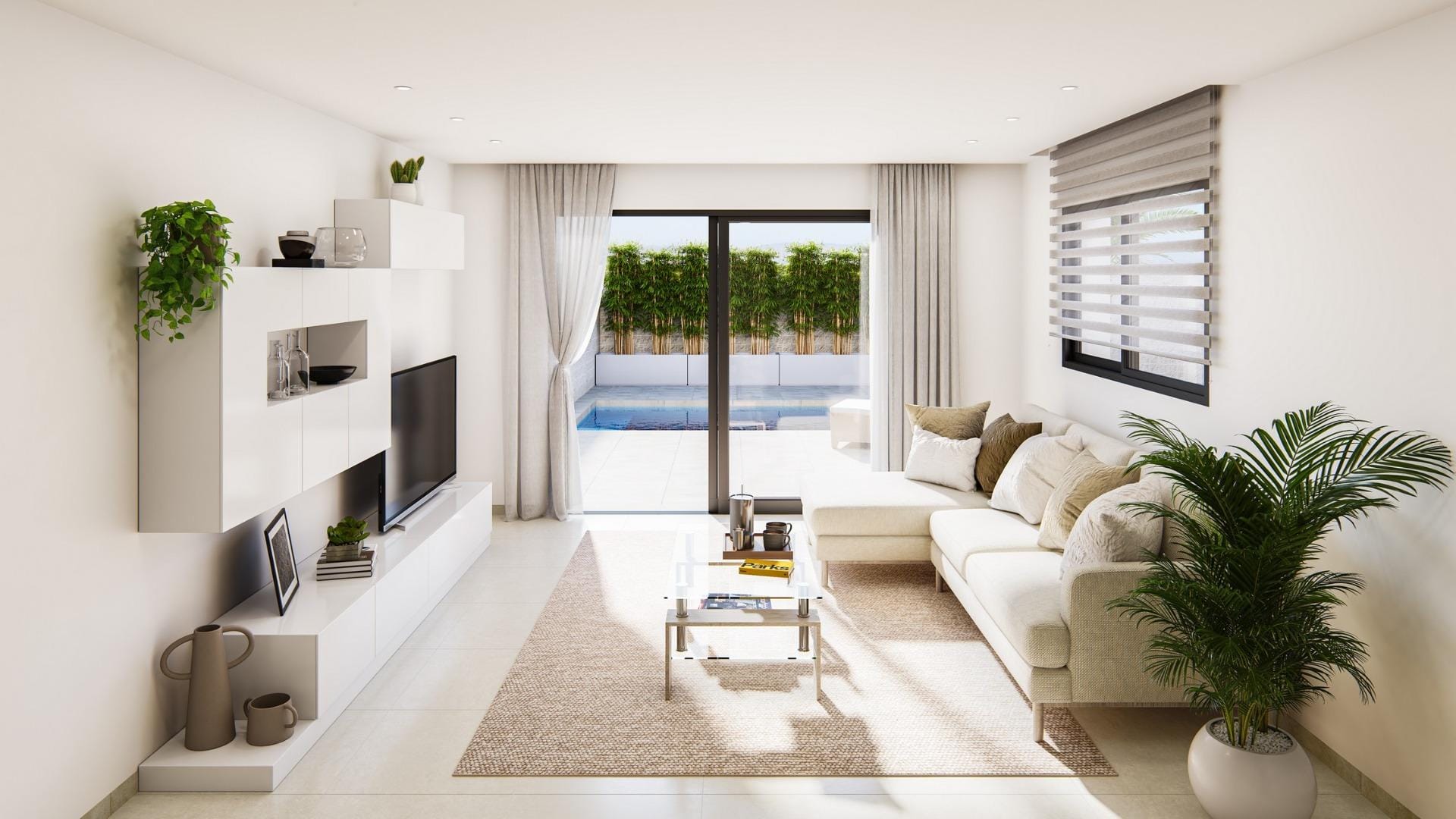 Living room opening towards the private pool in Oasis La Marina, San Fulgencio, Alicante