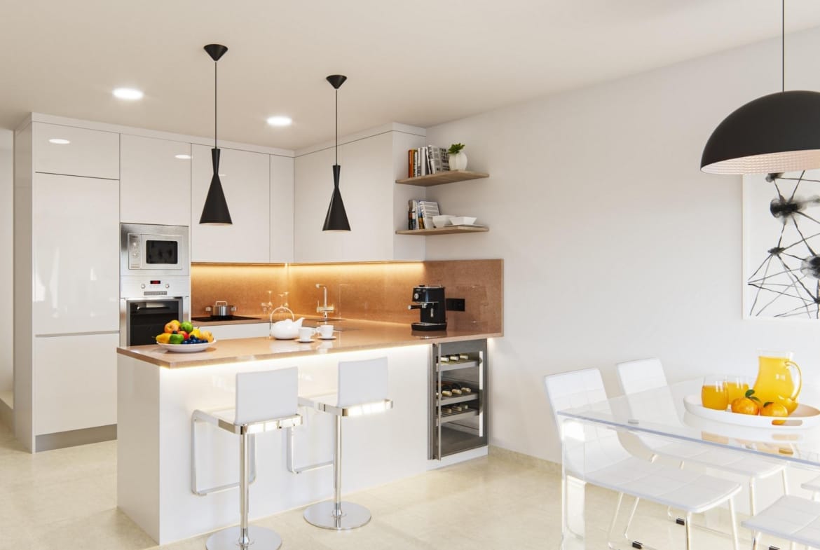 Open-plan kitchen with breakfast bar in Oasis La Marina, San Fulgencio, Alicante