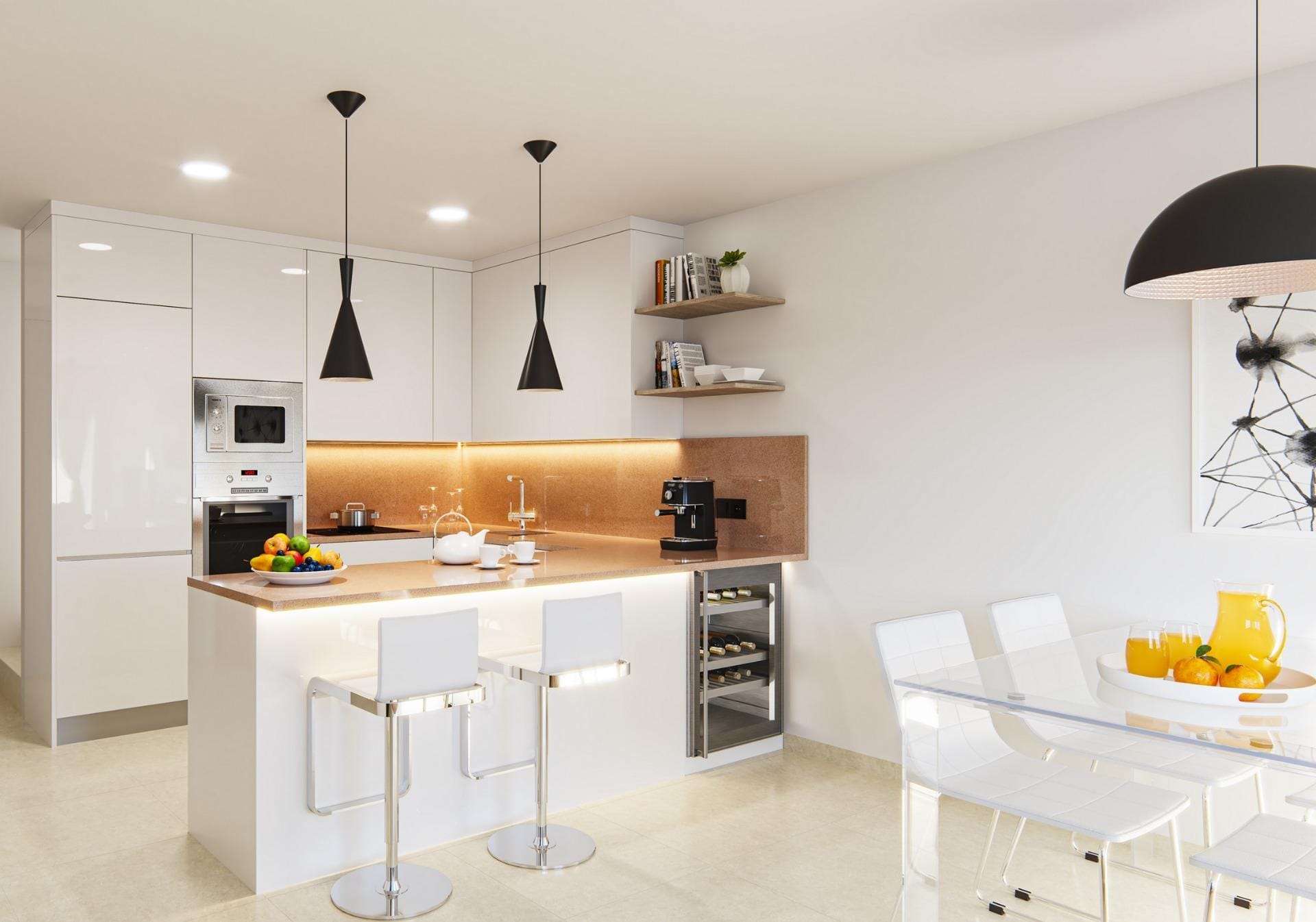 Open-plan kitchen with breakfast bar in Oasis La Marina, San Fulgencio, Alicante