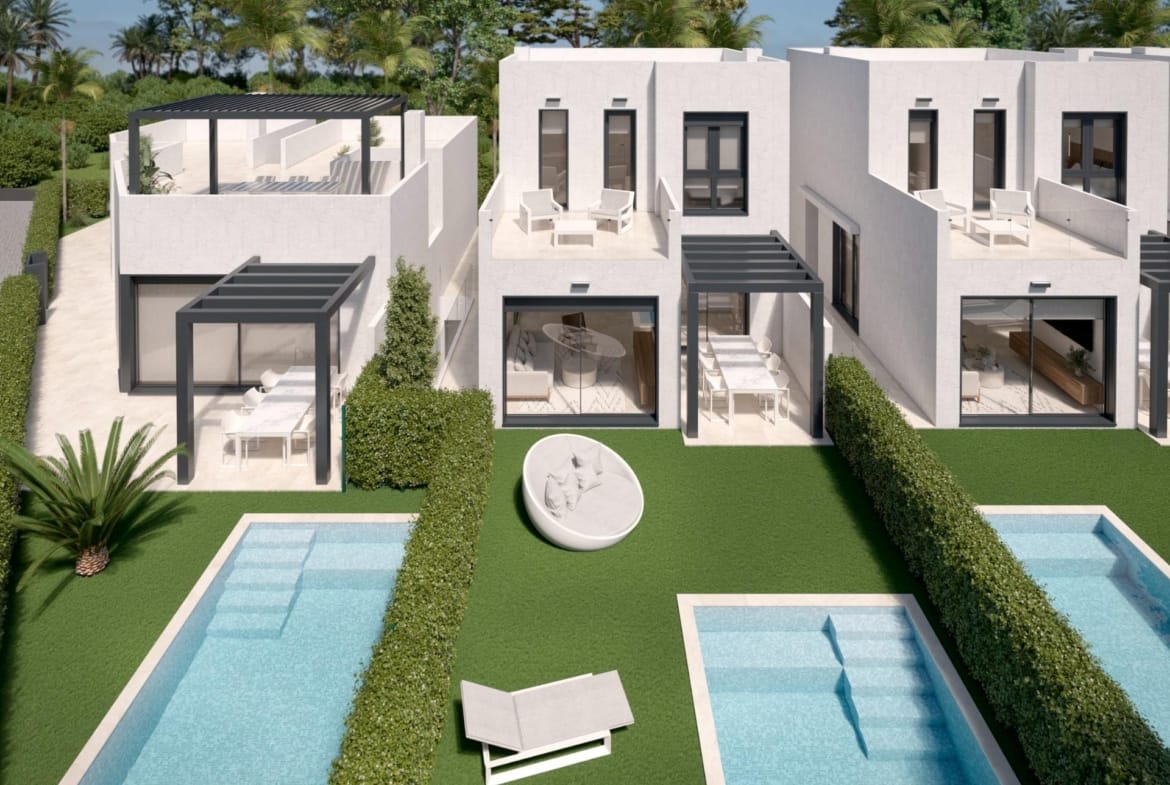 Aerial rendering showing different villa models within the development in Santa Rosalía Lake & Life Resort, Murcia