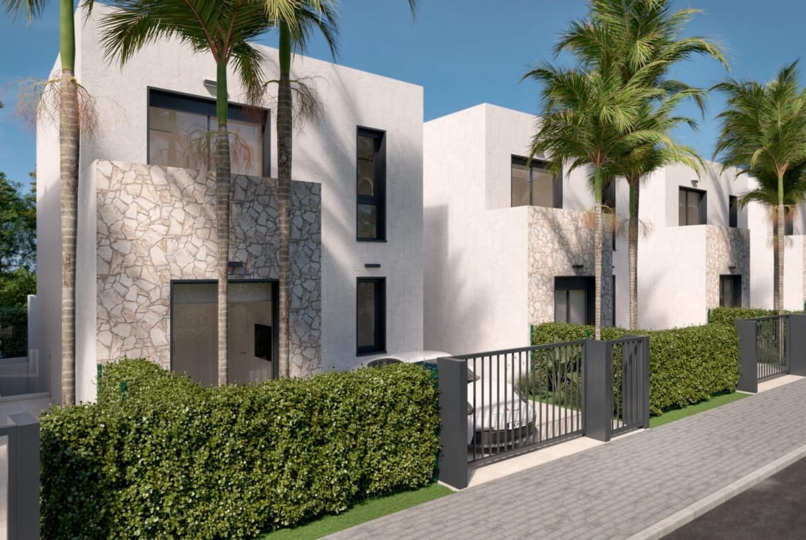 Rendering of villa entrances with white façades and stone accents in Santa Rosalía Lake & Life Resort, Murcia