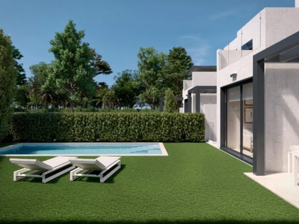 Rendering of the private pool and garden beside the villa in Santa Rosalía Lake & Life Resort, Murcia