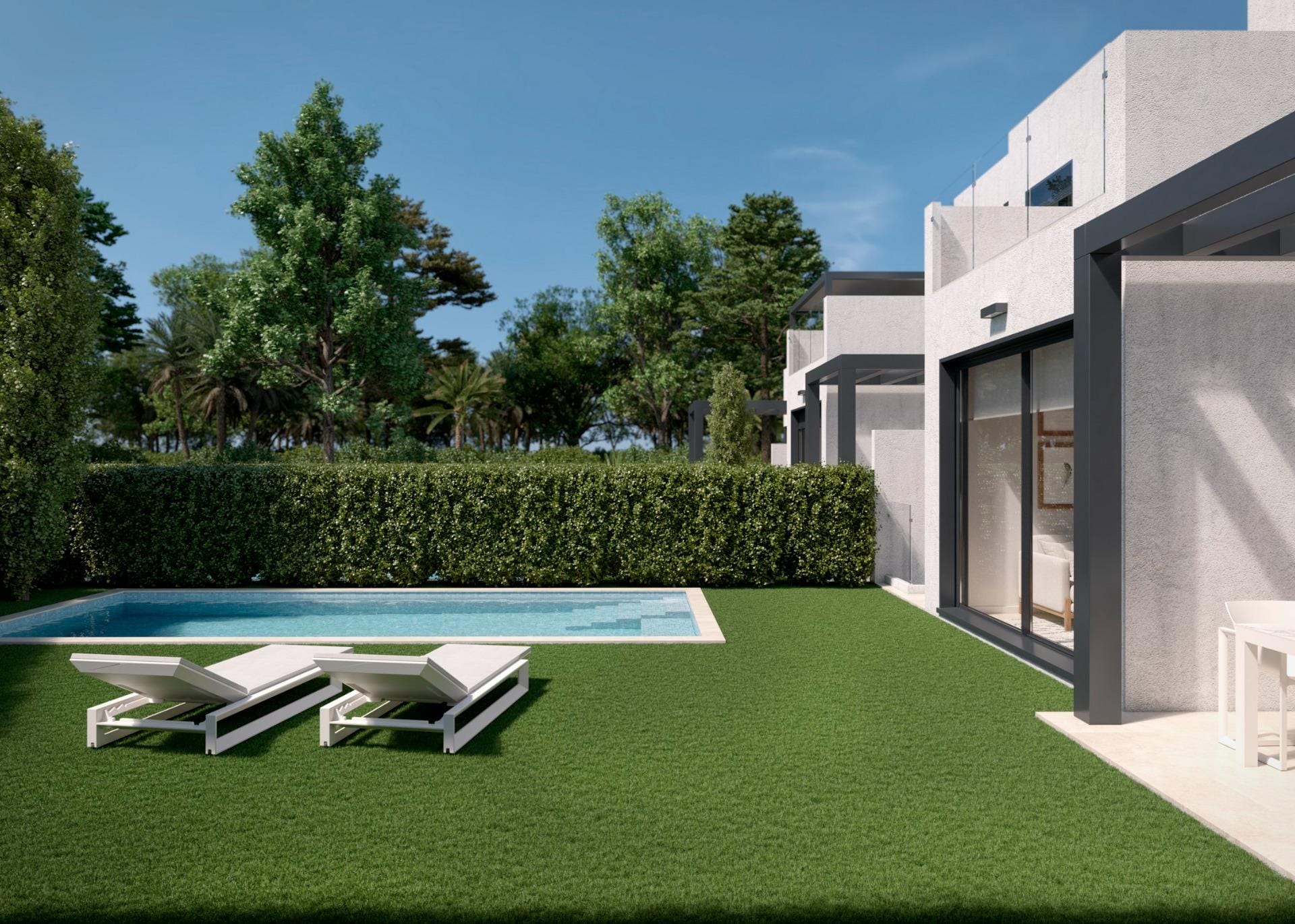 Rendering of the private pool and garden beside the villa in Santa Rosalía Lake & Life Resort, Murcia