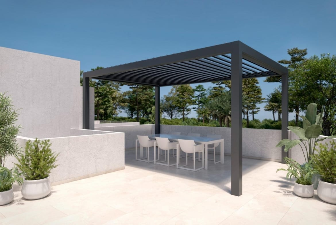 Rendering of seating beneath a pergola on the private solarium in Santa Rosalía Lake & Life Resort, Murcia