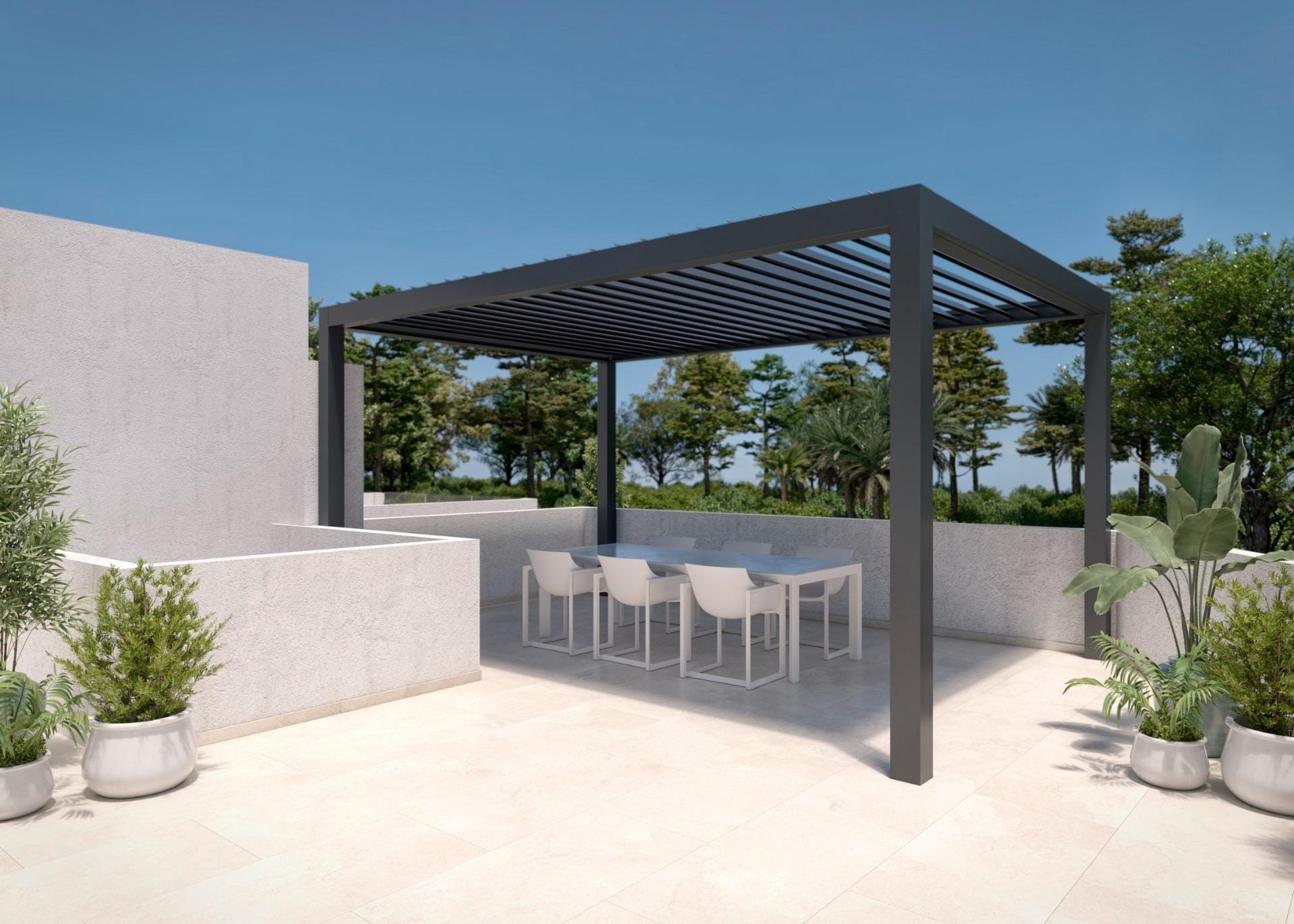 Rendering of seating beneath a pergola on the private solarium in Santa Rosalía Lake & Life Resort, Murcia
