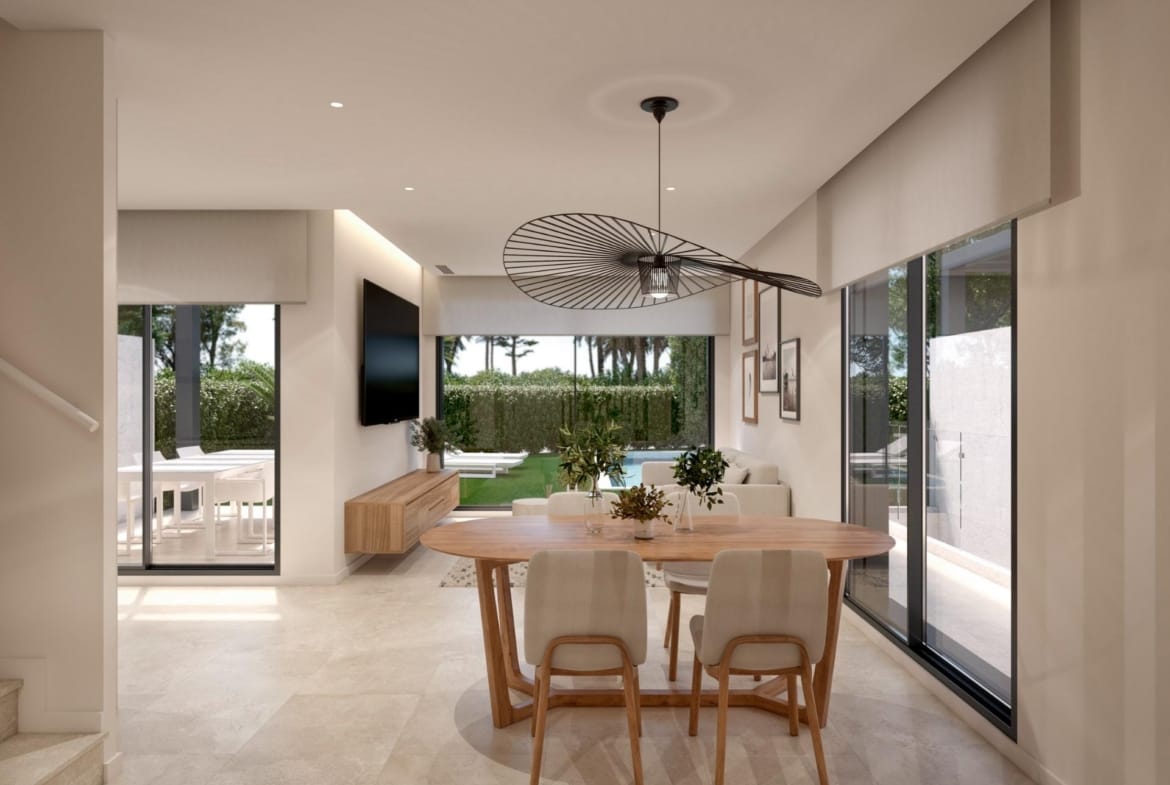 Rendering of the open living and dining area in Santa Rosalía Lake & Life Resort, Murcia