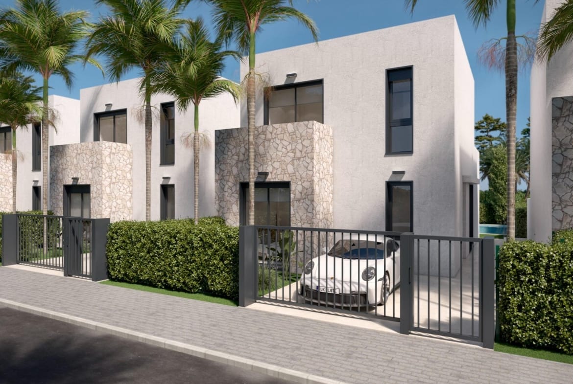 Rendering of the villa entrance and private parking area in Santa Rosalía Lake & Life Resort, Murcia