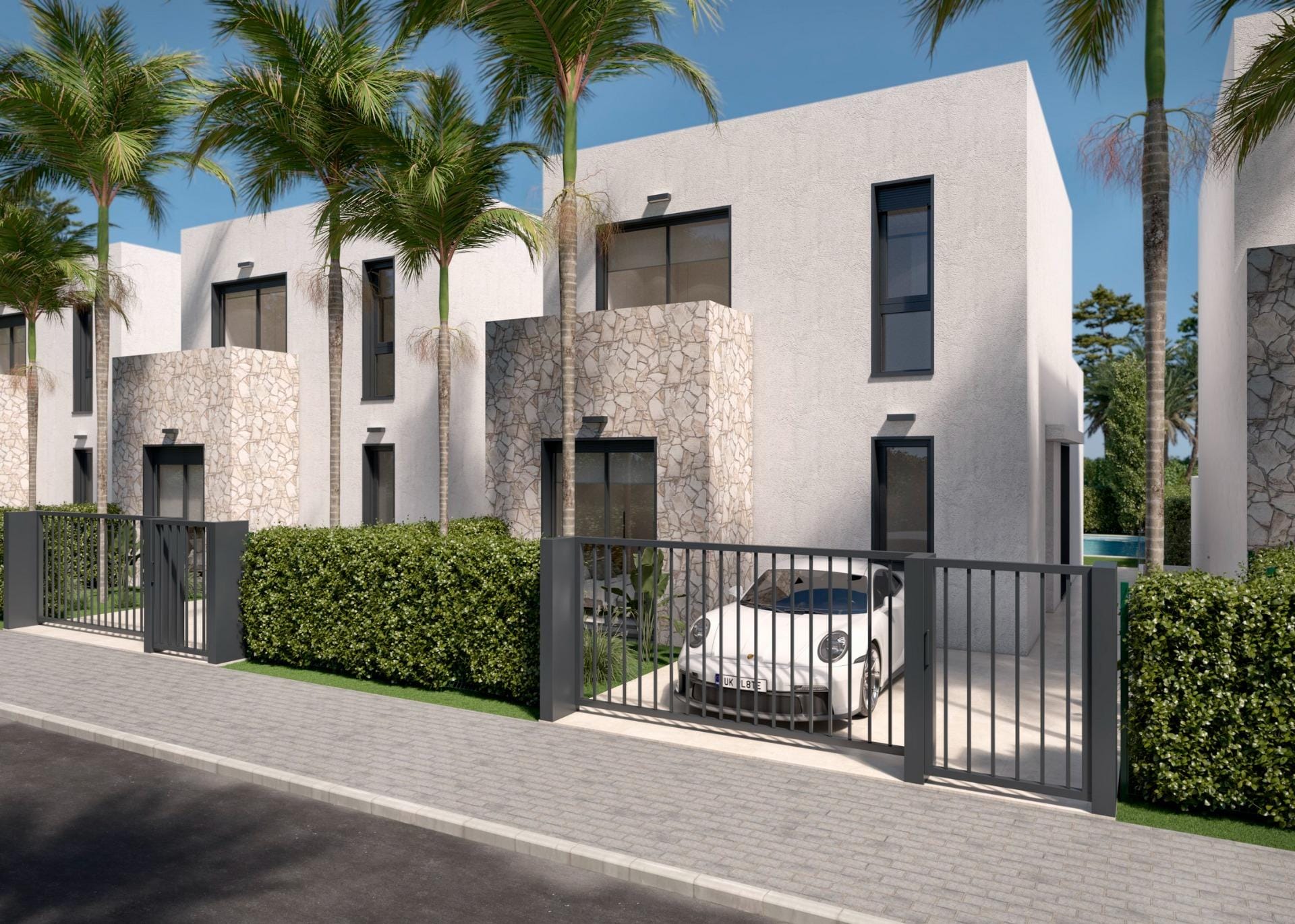 Rendering of the villa entrance and private parking area in Santa Rosalía Lake & Life Resort, Murcia