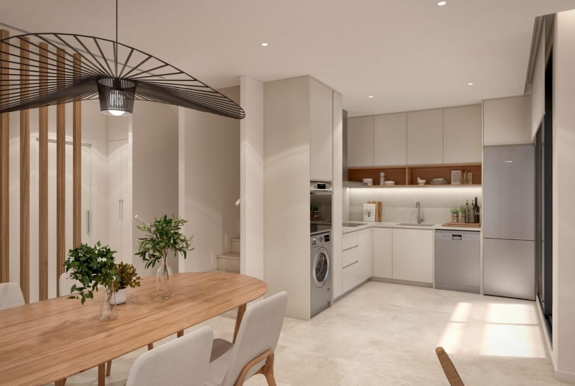 Rendering of the open kitchen and dining space in Santa Rosalía Lake & Life Resort, Murcia