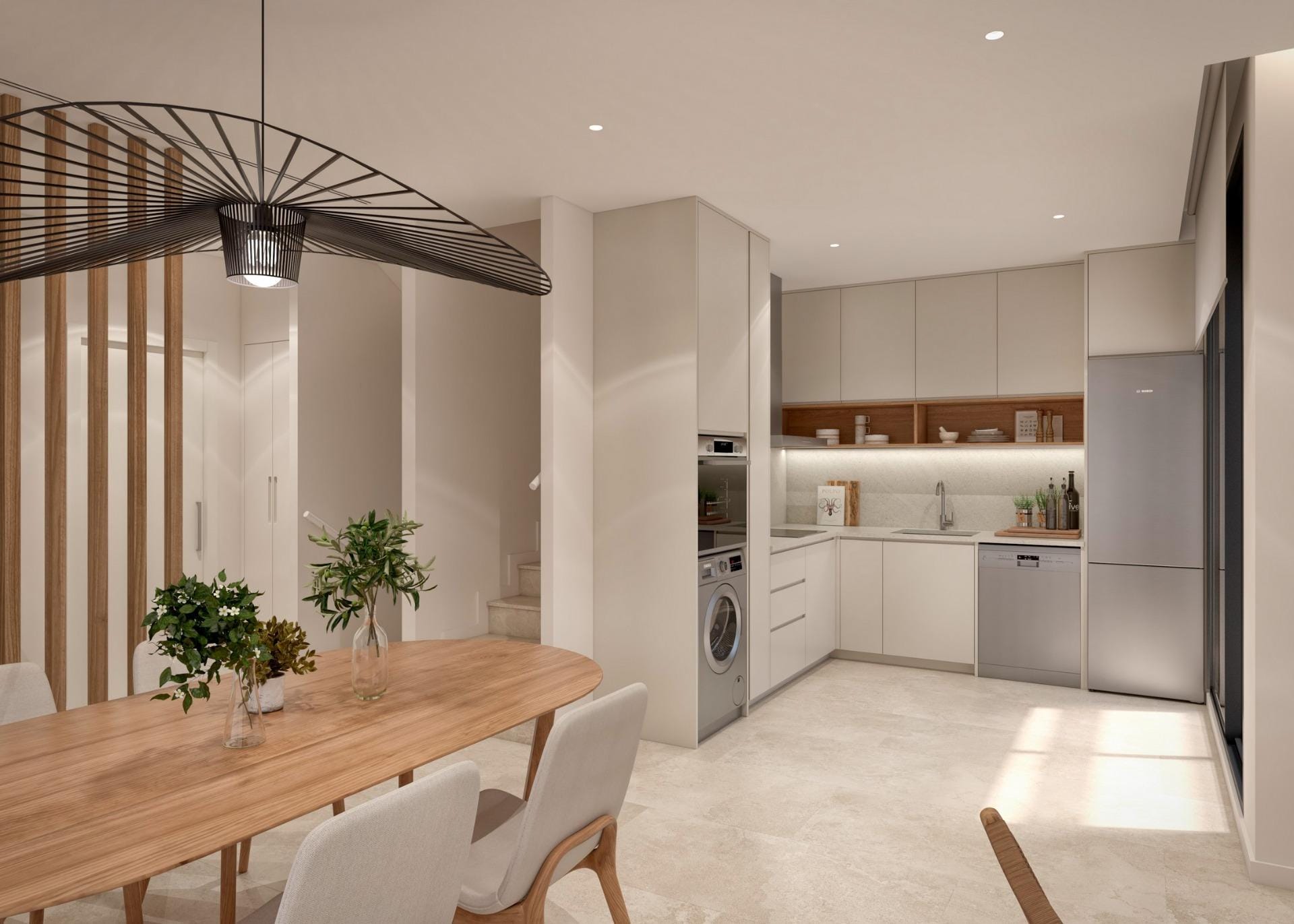 Rendering of the open kitchen and dining space in Santa Rosalía Lake & Life Resort, Murcia