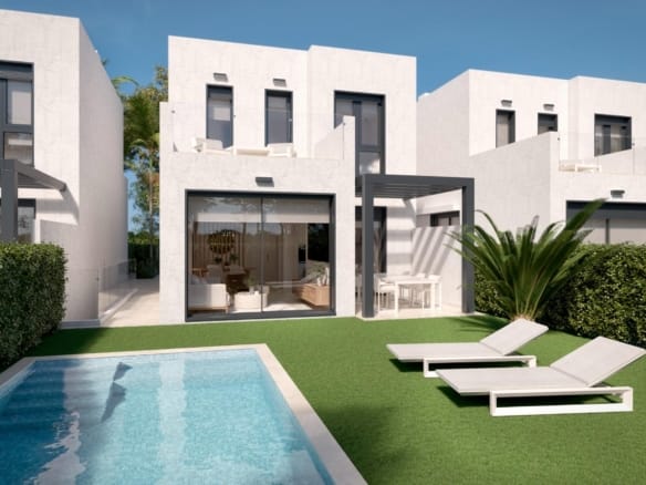 Rendering of the villa beside its private pool and lawn in Santa Rosalía Lake & Life Resort, Murcia