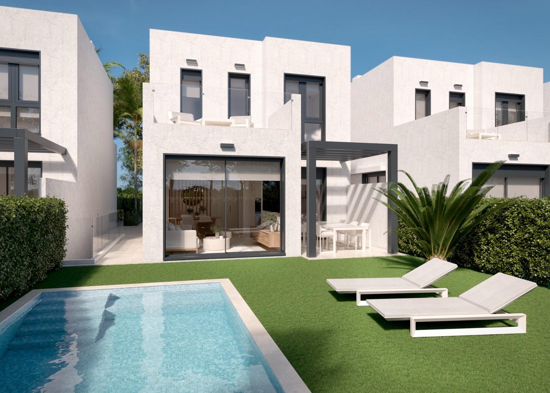 Rendering of the villa beside its private pool and lawn in Santa Rosalía Lake & Life Resort, Murcia