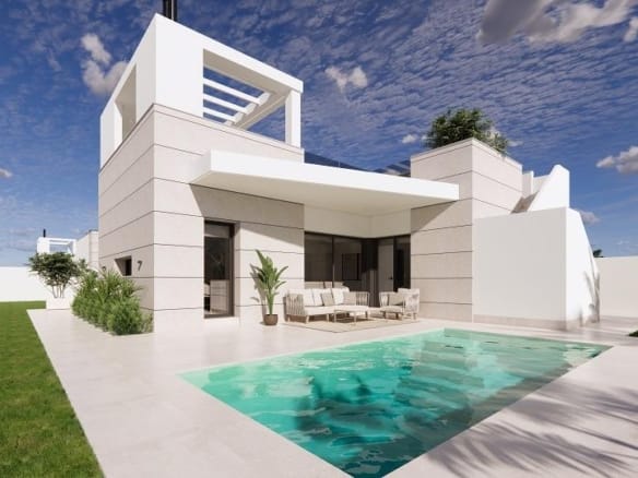 Rendering of the single-storey villa beside its private pool in San Luis, Torrevieja, Alicante