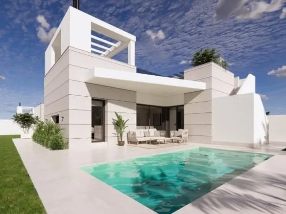 Rendering of the single-storey villa beside its private pool in San Luis, Torrevieja, Alicante