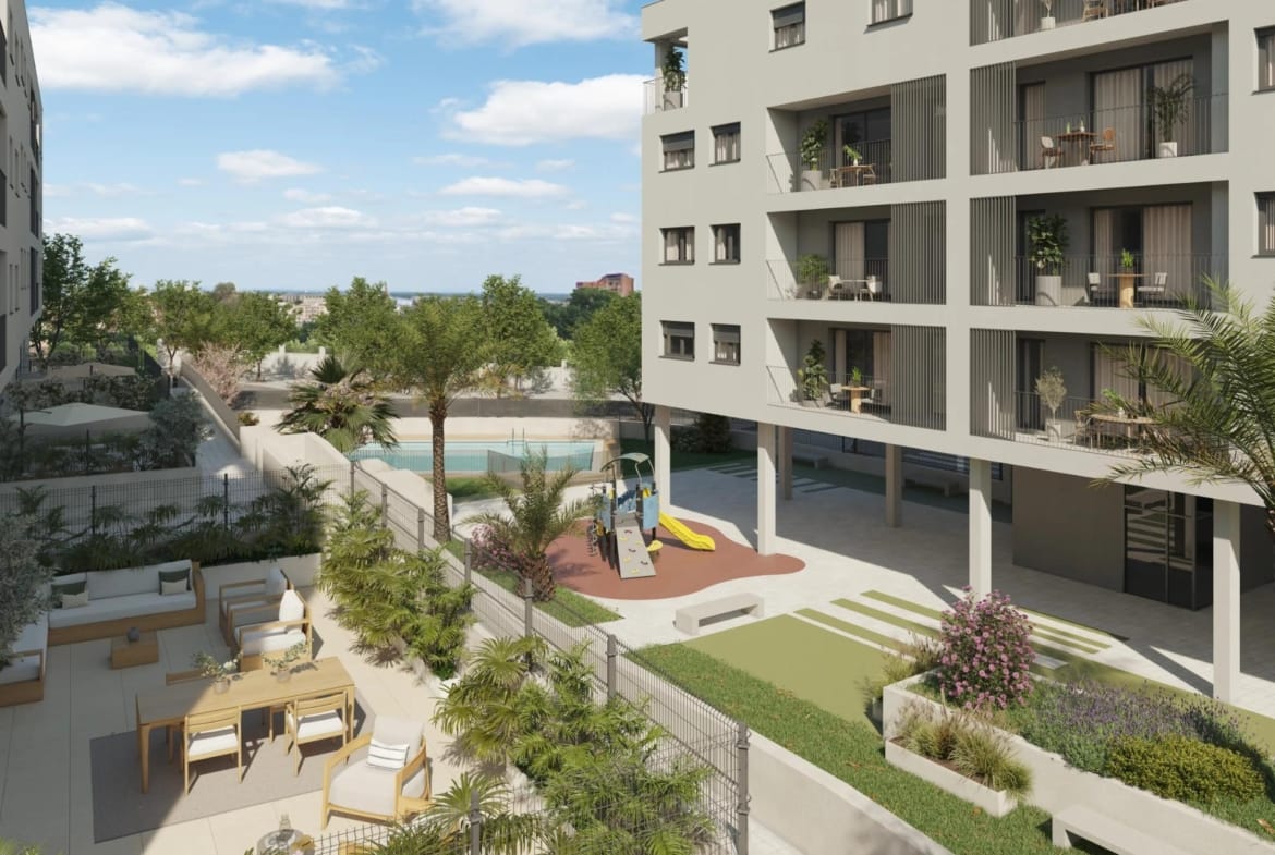 Rendering of landscaped communal spaces and the children's play area in San Agustín, Alicante