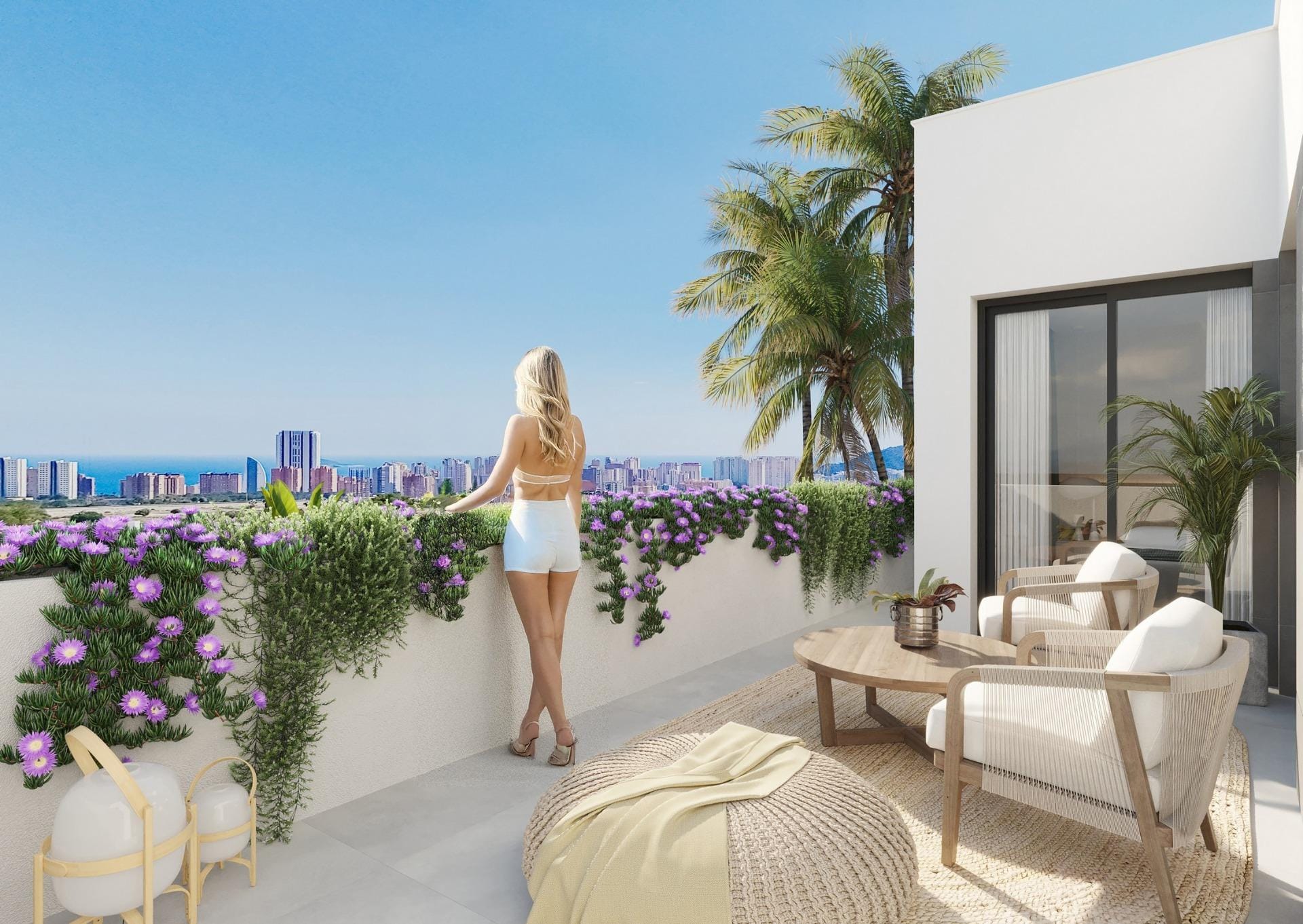 Rendering of a furnished terrace with sea and Benidorm skyline views in Sierra Cortina, Finestrat, Alicante