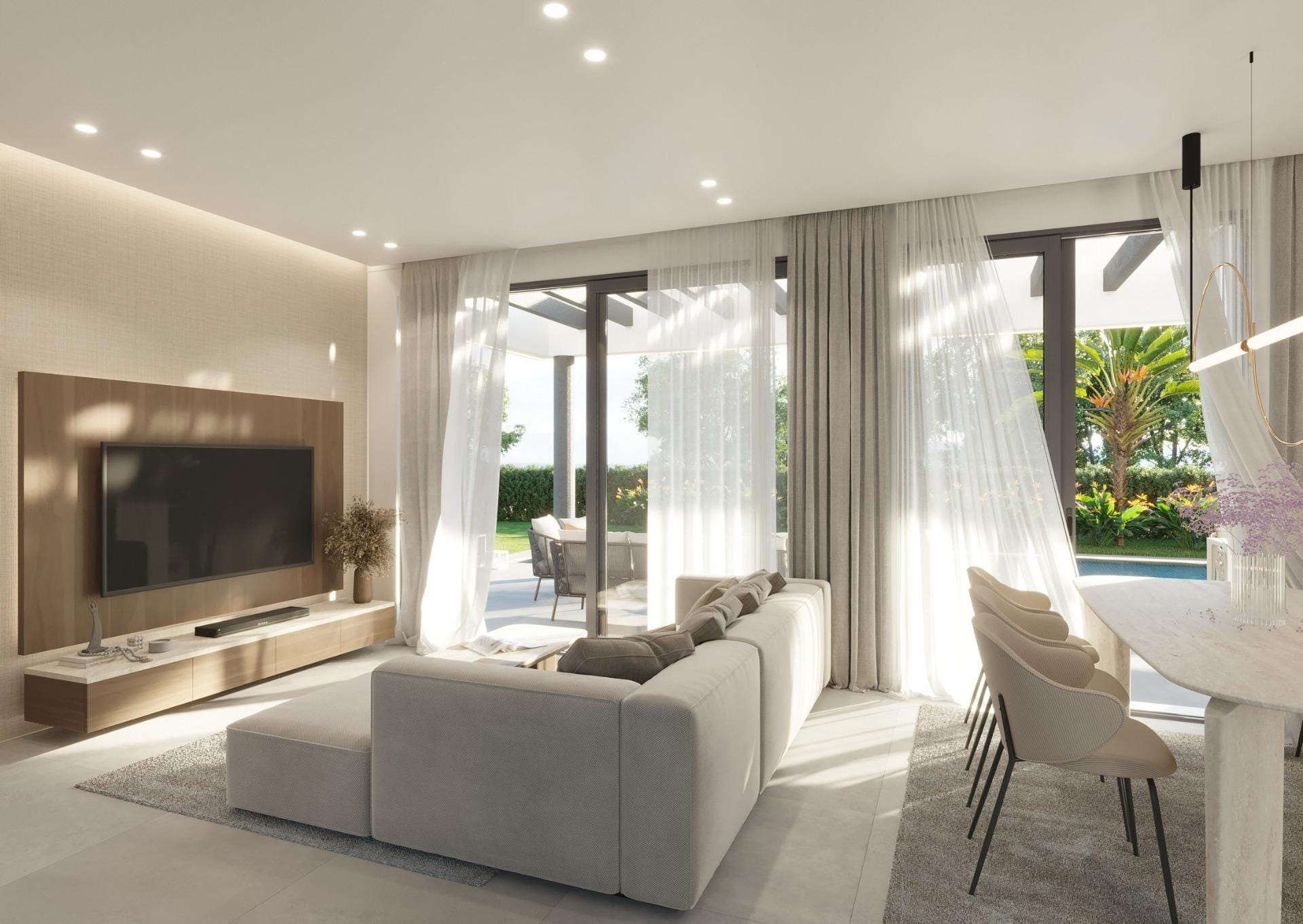 New-Villas-in-Finestrat-Luxury-Nature-and-Sea-Views-2 Rendering of an open living room facing the garden in Sierra Cortina, Finestrat, Alicante