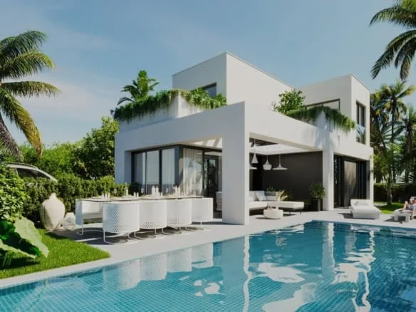 Rendering of a villa with private pool and garden in Sierra Cortina, Finestrat, Alicante