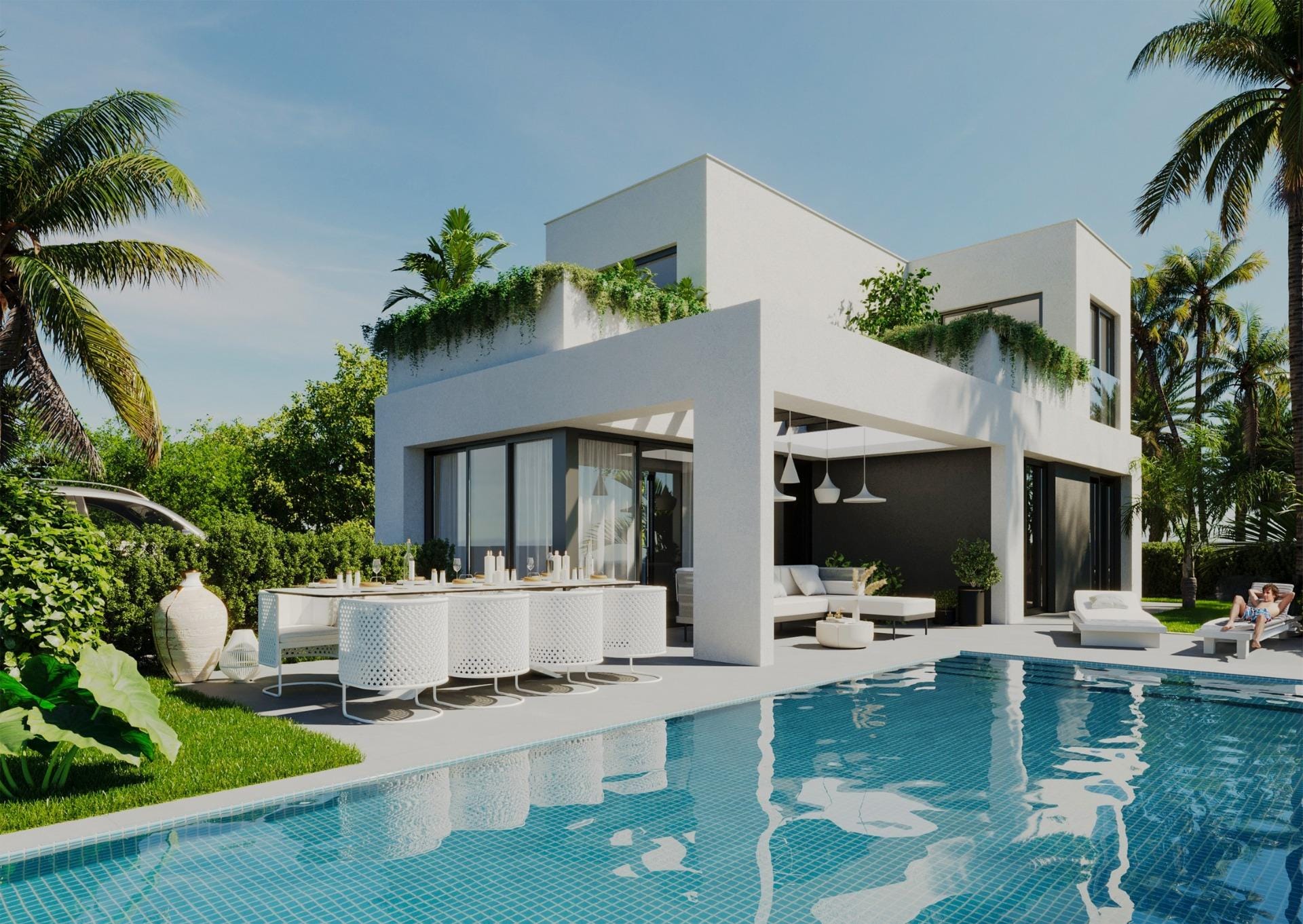 New Villas in Finestrat – Luxury Rendering of a villa with private pool and garden in Sierra Cortina, Finestrat, Alicante