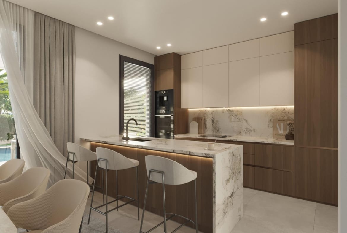 Rendering of a kitchen with an island and bar seating in Sierra Cortina, Finestrat, Alicante