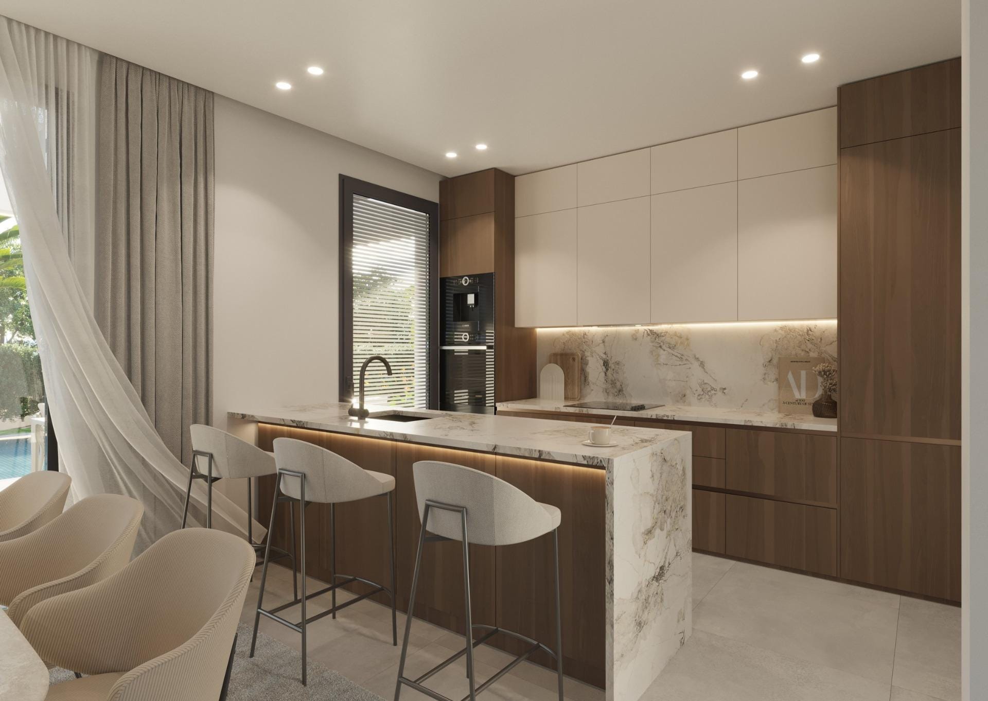 New-Villas-in-Finestrat-Luxury-Nature-and-Sea-Views-3 Rendering of a kitchen with an island and bar seating in Sierra Cortina, Finestrat, Alicante
