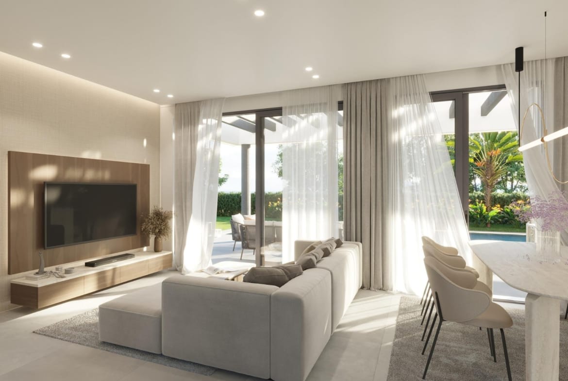 Rendering of a living room opening to the terrace in Sierra Cortina, Finestrat, Alicante