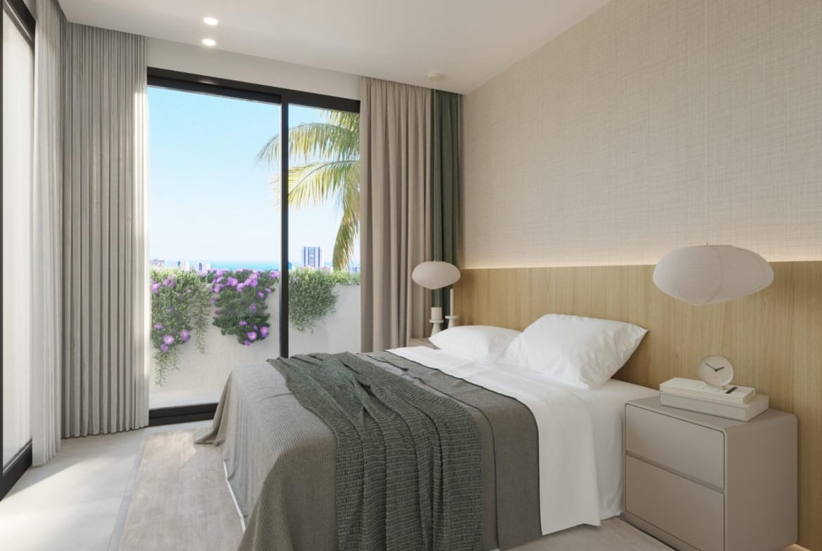 Rendering of a bedroom with fitted wardrobes in Sierra Cortina, Finestrat, Alicante
