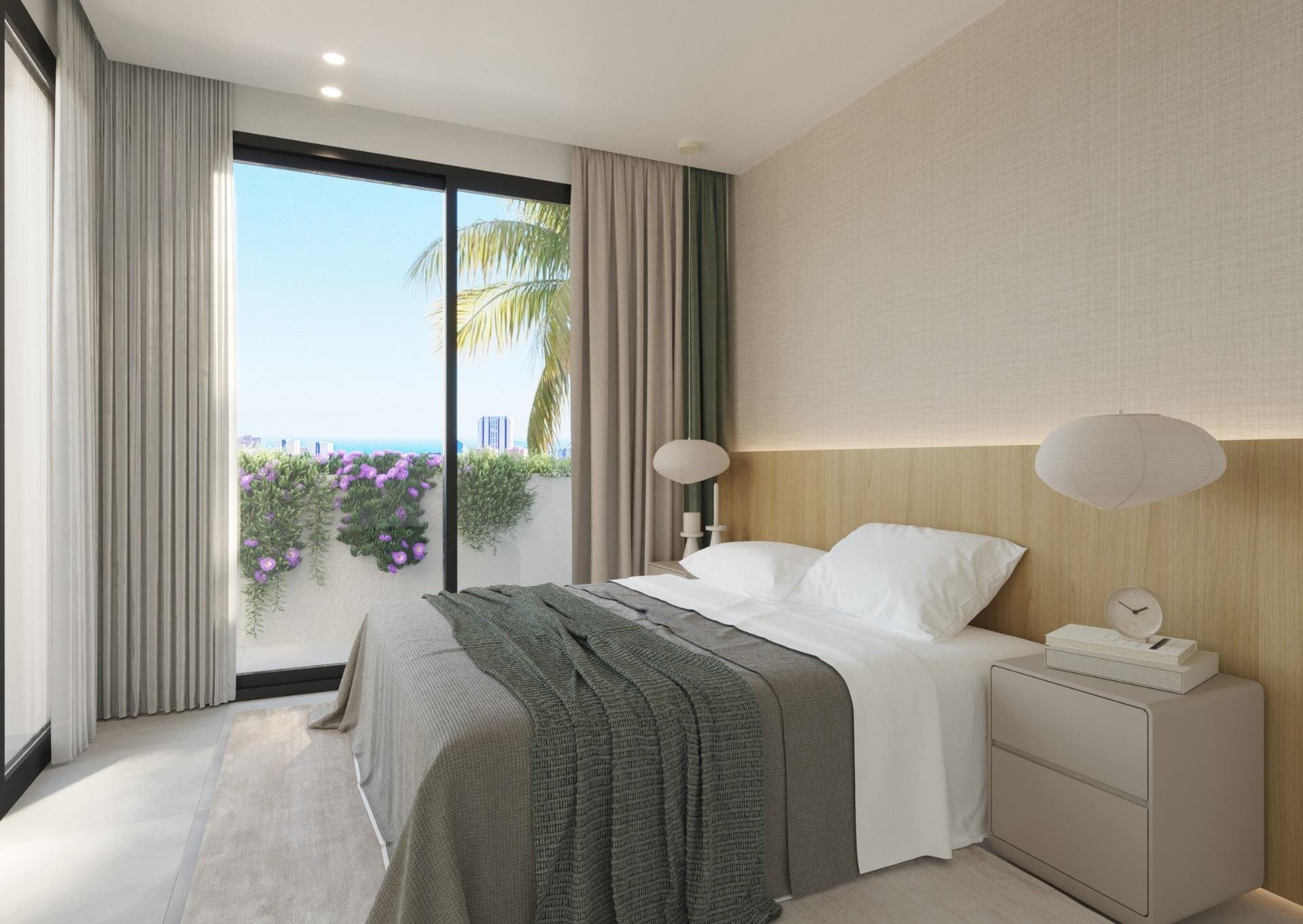 New-Villas-in-Finestrat-Luxury-Nature-and-Sea-Views-4 Rendering of a bedroom with fitted wardrobes in Sierra Cortina, Finestrat, Alicante