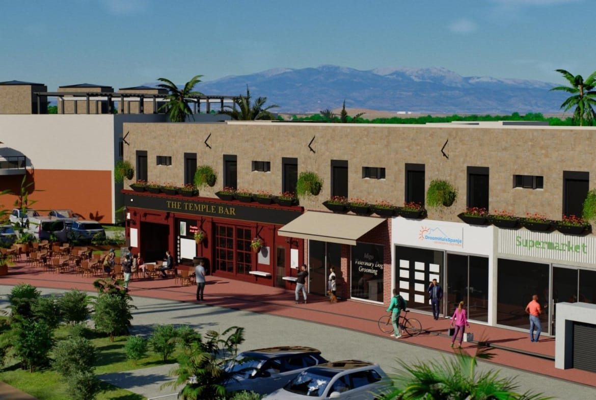 Rendering of the development commercial frontage with apartments above in La Pinilla, Fuente Álamo, Murcia