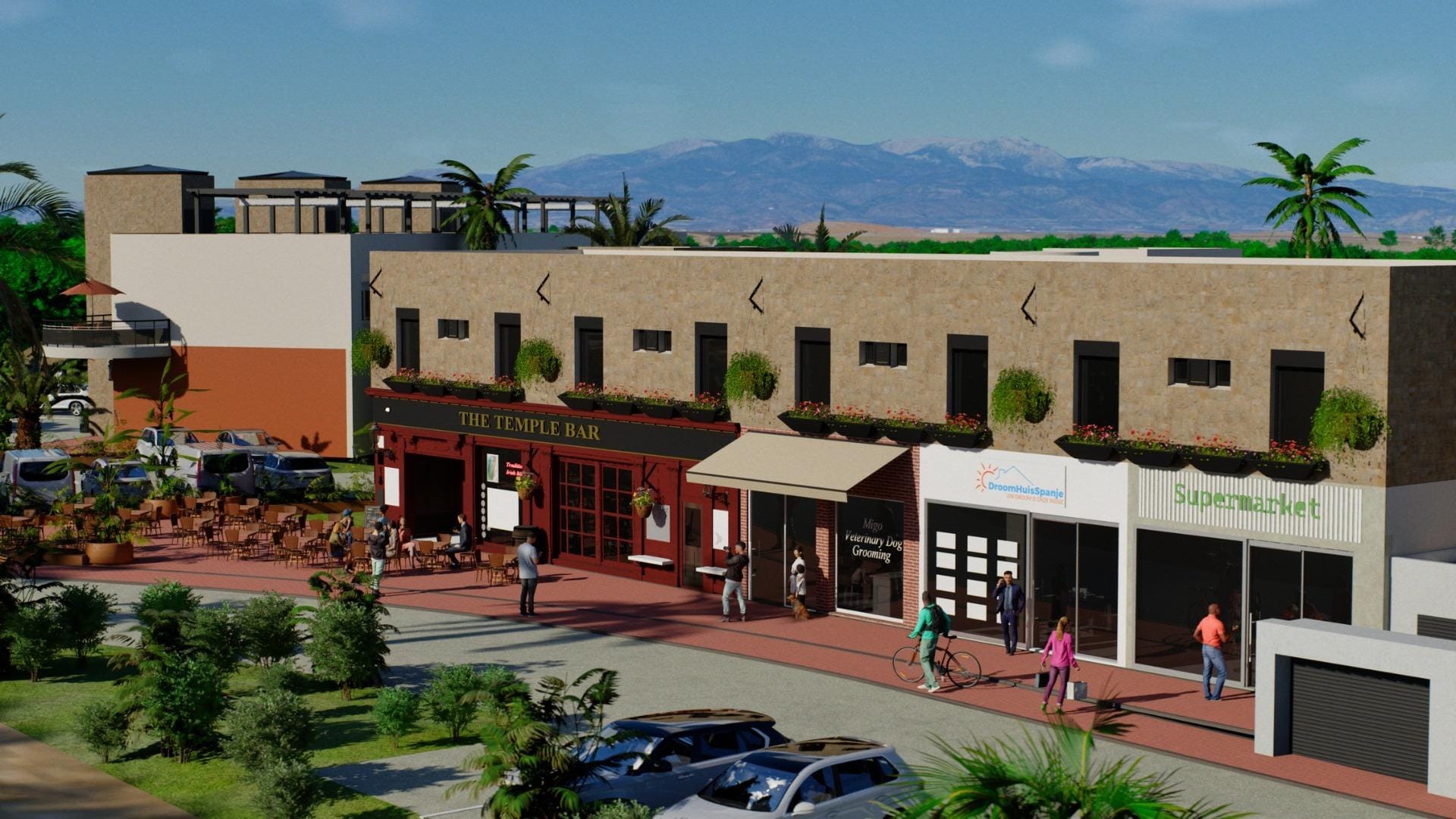 Rendering of the development commercial frontage with apartments above in La Pinilla, Fuente Álamo, Murcia