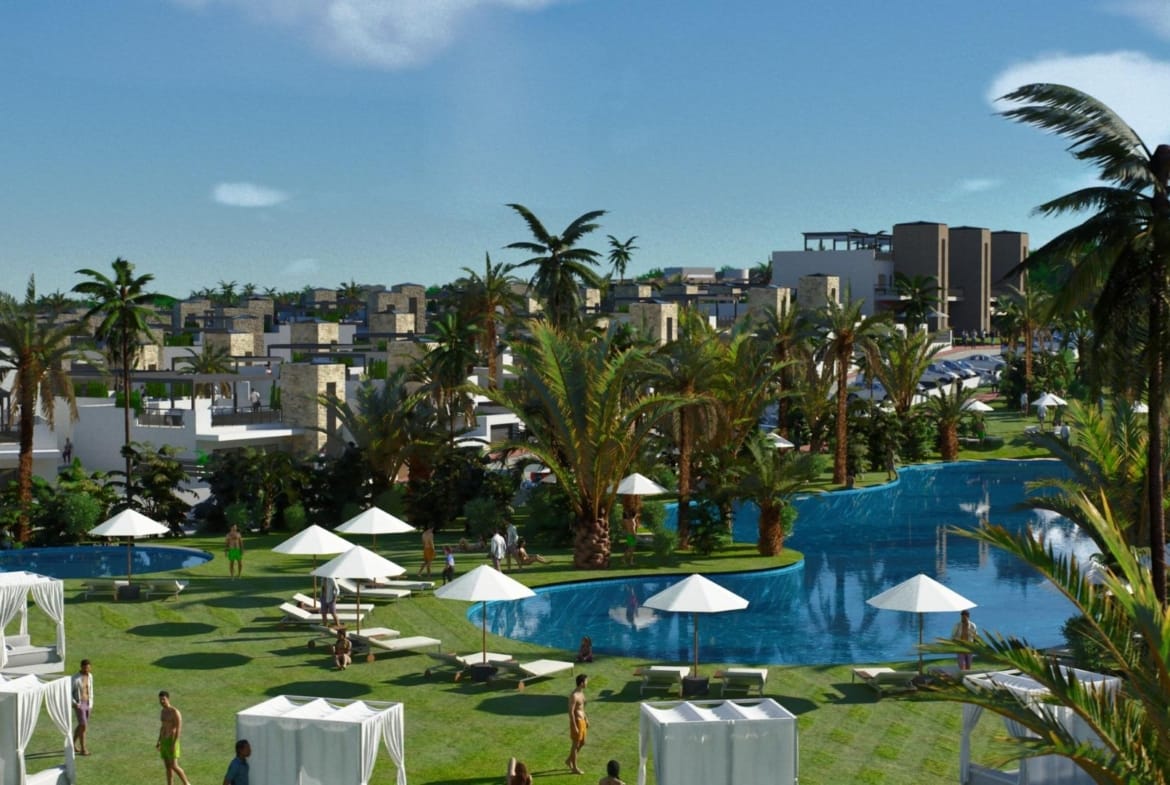 Rendering of the communal swimming pool and landscaped gardens in La Pinilla, Fuente Álamo, Murcia