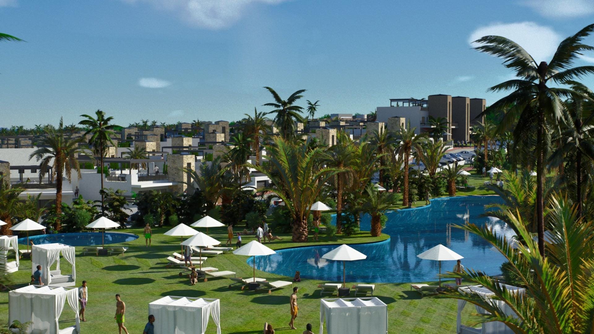 Rendering of the communal swimming pool and landscaped gardens in La Pinilla, Fuente Álamo, Murcia