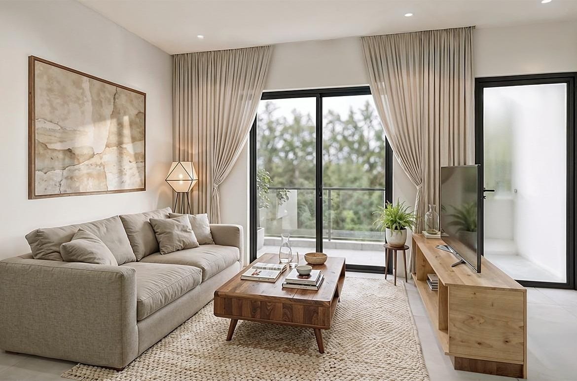 Rendering of an apartment living room opening to a terrace in La Pinilla, Fuente Álamo, Murcia