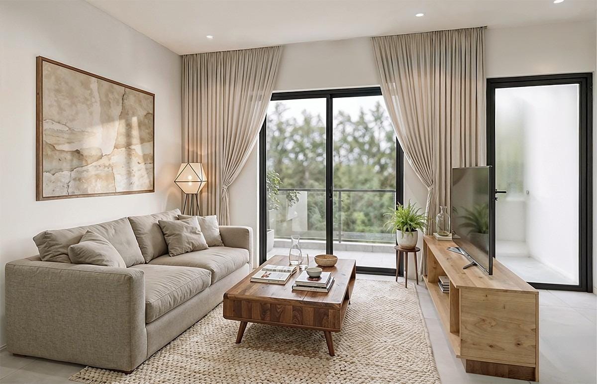 Rendering of an apartment living room opening to a terrace in La Pinilla, Fuente Álamo, Murcia