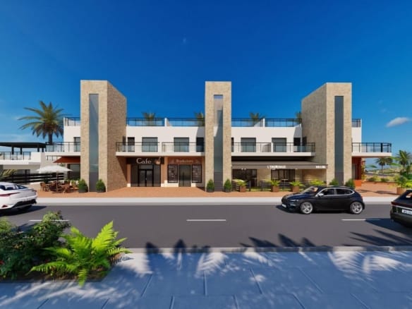 Rendering of first-floor apartments above the development commercial area in La Pinilla, Fuente Álamo, Murcia