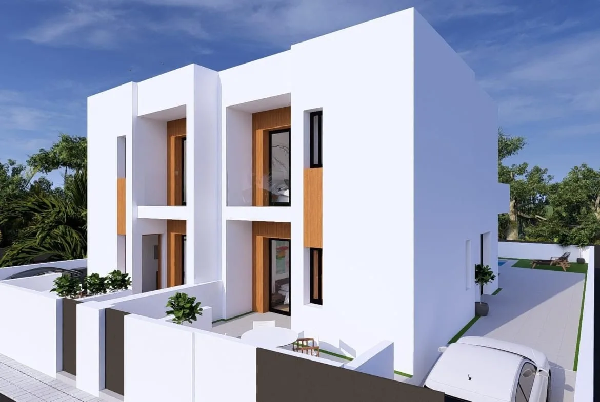 Visualisering av villornas entréer och privata parkeringsplatser i Daya Nueva, Alicante