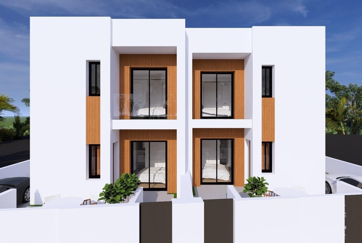 Rendering of the paired villa façades with tall windows in Daya Nueva, Alicante
