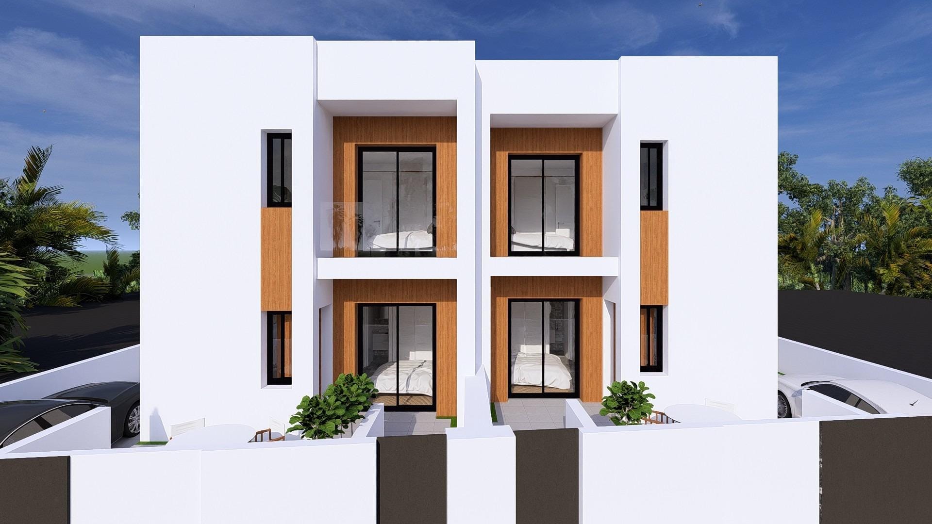 New-build-semi-detached-villas-with-private-swimming-pools-in-Daya-Nueva-Costa-Blanca-2 Rendering of the paired villa façades with tall windows in Daya Nueva, Alicante