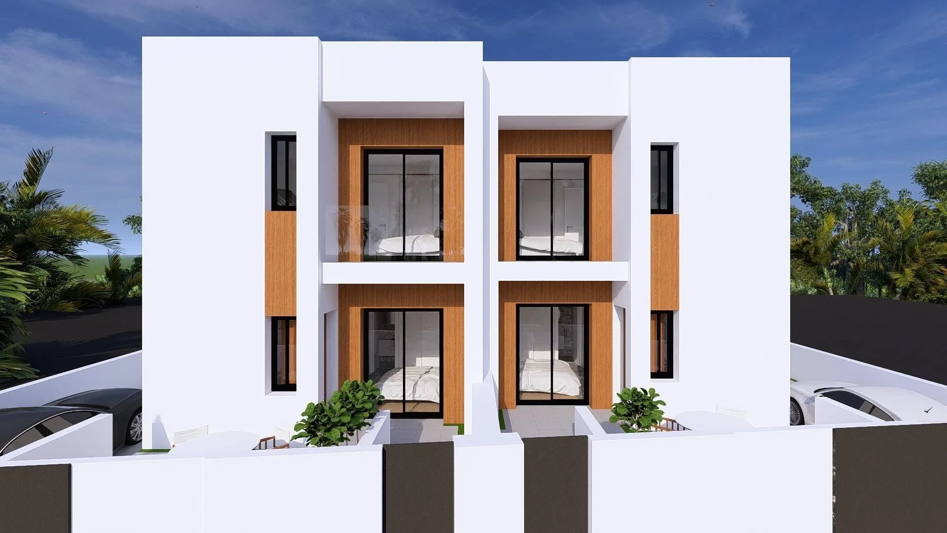 New-build-semi-detached-villas-with-private-swimming-pools-in-Daya-Nueva-Costa-Blanca-2 Visualisering av parhusvillornas fasader med höga fönster i Daya Nueva, Alicante