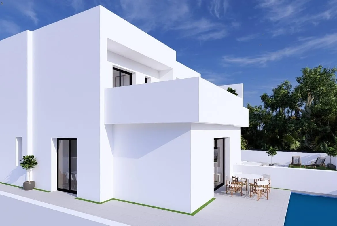 Visualisering av villans sidofasad intill poolterrassen i Daya Nueva, Alicante