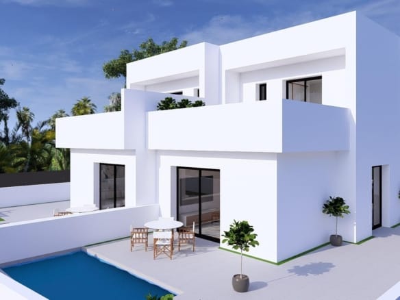 Rendering of the semi-detached villa beside its private pool in Daya Nueva, Alicante