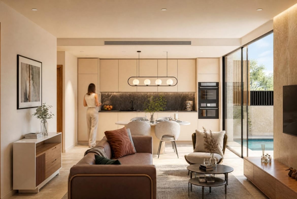 Rendering of the open living and dining area in Condado de Alhama, Murcia