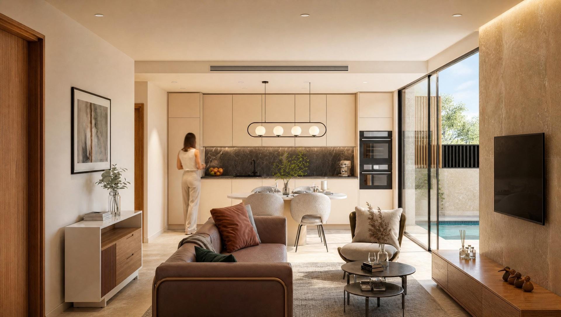 Rendering of the open living and dining area in Condado de Alhama, Murcia