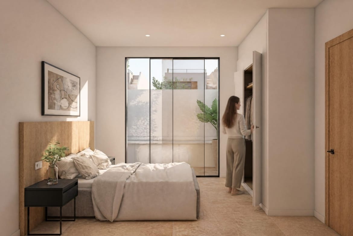 Rendering of a bedroom beside the rear patio in Condado de Alhama, Murcia