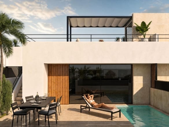 Rendering of the townhouse with roof solarium and an optional private pool in Condado de Alhama, Murcia